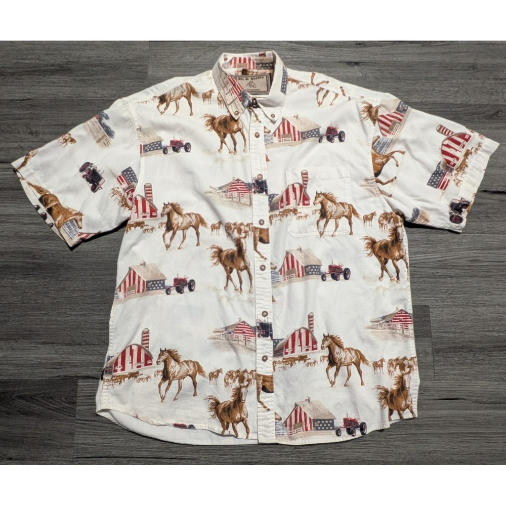 Bit & Bridle Men's White Western Horses Americana Short Sleeve Shirt Size Medium